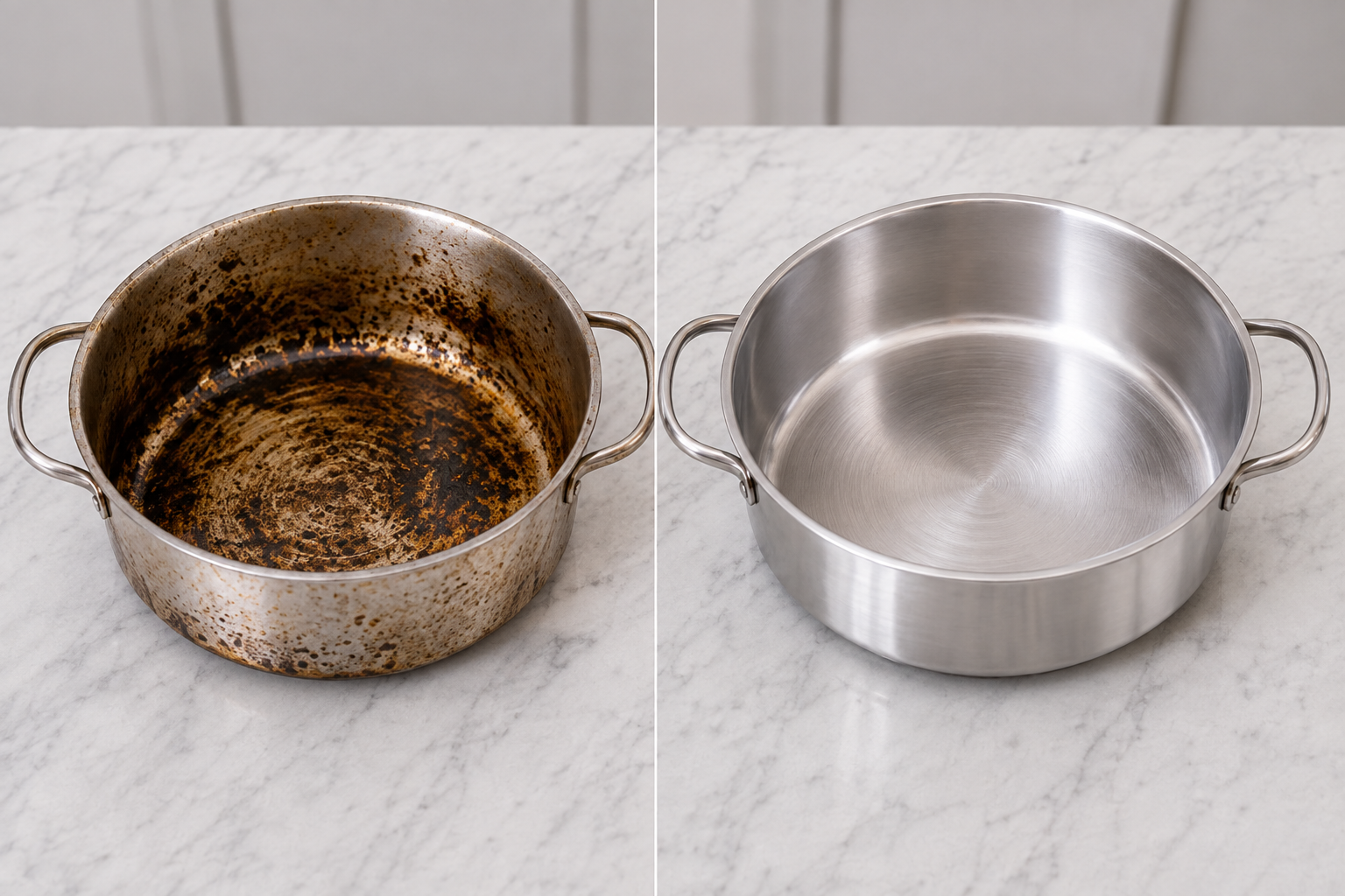 Burnt-on pot before cleaning next to the same pot spotless after using SparklePod