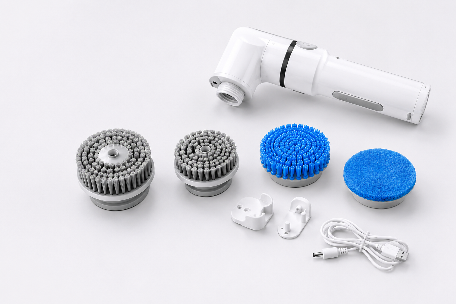 SparklePod kit: handle, brush heads, sponge pad, wall mount and charging cable
